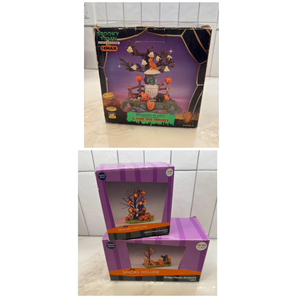 VTG Spooky Town Lemax Garbage Ogre & Spooky Hollow Lighted Decor Lot Of 3 Boxed